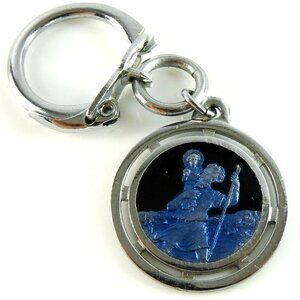St Christopher Keychain Blue Enamel Lourdes Patron Saint of Travel Protection